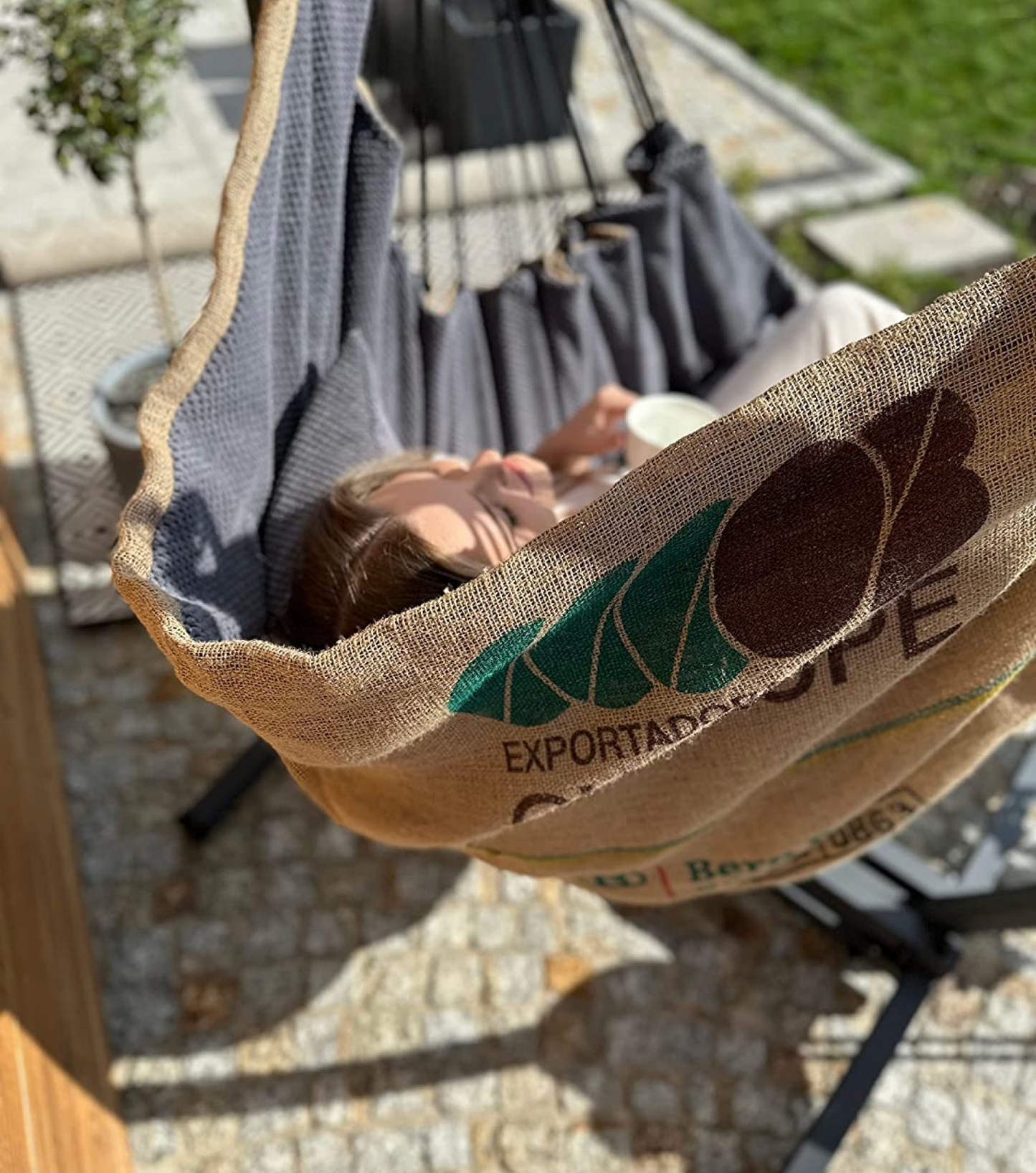 Fauteuil suspendu en toile de jute avec support | Coffee XXL